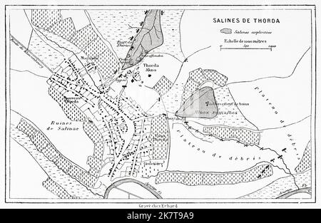 Ancienne carte de la mine de sel de Salina Turda située dans la région de Durgau-Valea Sarata de la ville de Turda, dans le comté de Cluj en Roumanie. Europe. Voyage dans les régions minières de l'ouest de la Transylvanie par Jacques Elisee Reclus, 1873 Banque D'Images