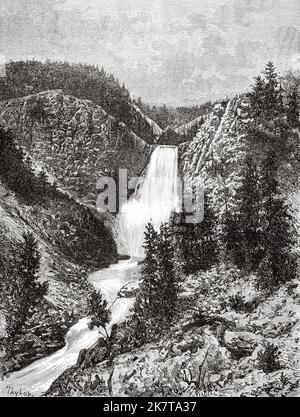 Abaissez la cataracte sur la rivière Yellowstone. Parc national de Yellowstone, Wyoming, États-Unis. Le parc national américain par Ferdinand Vandeveer Hayden, Gustavus Cheyney Doane et Nathaniel Pitt Langford, 1870-1872 Banque D'Images