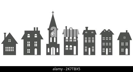 Silhouette de chalets et d'église dans le quartier. Ensemble de maisons sur la rue de banlieue. Cotagess à la campagne. Illustration du vecteur glyphe. Illustration de Vecteur