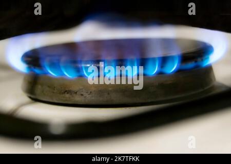 Feu bleu dans le brûleur à gaz. Combustion de gaz naturel sur la cuisinière à gaz de la cuisine. Concept de crise énergétique mondiale. Panneau en acier avec brûleur à anneau à gaz à l'obscurité Banque D'Images