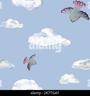 Aquarelle dessin sans couture à la main avec des nuages et des oiseaux, isolé sur fond bleu clair. Design pour cartes, sacs-cadeaux, invitations, textile Banque D'Images