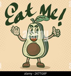 eat me avocat funky mascotte personnage de dessin animé rétro. isolé icône avocat style vintage illustration Illustration de Vecteur