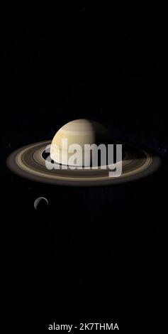 Mimas lune en orbite autour de la planète Saturne Banque D'Images