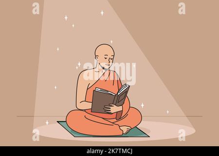 Le moine bouddhiste lit l'ancien livre assis sur un tapis. Le votary religieux reçoit la connaissance sacrée des traités anciens. L'homme croyant en Dieu trouve la sagesse dans le temple. Illustration vectorielle fine et colorée. Illustration de Vecteur