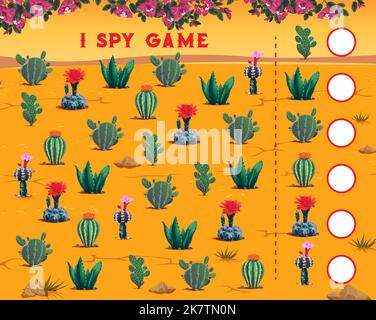 J'espionne le jeu. Cactus mexicains succulents dans le désert sur la feuille de calcul de jeu d'enfants, énigme de mathématiques d'enfants ou puzzle avec des objets de recherche et de comptage tâche. Quiz éducatif pour enfants avec cactus à fleurs de dessins animés Illustration de Vecteur