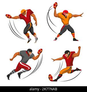 Joueurs de football américain, personnages vectoriels d'équipe de rugby. Joueurs de football américain en action quart de dos, garde et plein dos courir, lancer et attraper le ballon dans le casque et l'uniforme Illustration de Vecteur