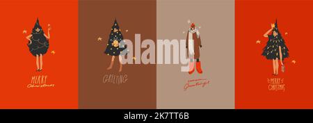 Graphique abstrait vectoriel dessiné à la main Joyeux Noël et bonne année illustration des personnages de personnes.personnes en costumes cartes ensemble.Joyeux Noël Illustration de Vecteur
