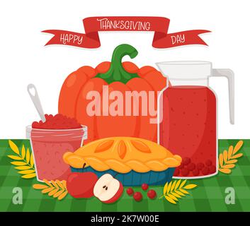 Carte de vœux de Thanksgiving avec tarte à la citrouille, compote de canneberges et sauce. Symboles de nourriture de Thanksgiving sur une serviette à carreaux. Dessin animé vectoriel illustrati Illustration de Vecteur