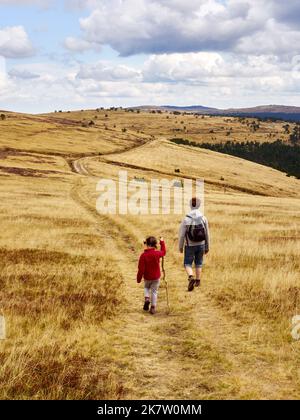 Marchez à travers les landes sur une pente du pic du mont Lozère. Deux personnes marchant sur le sentier de randonnée de Steven (« chemin de Stevenson »), GR70. Petite fille avec Banque D'Images