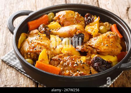 Ragoût gallo en chicha avec poulet, pruneaux, légumes et épices cuits pour avoir une saveur et un arôme merveilleux sur la poêle sur la table en bois. Banque D'Images