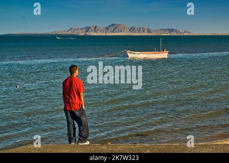 Jeune homme regardant Bahia de San Felipe de Malecon à San Felipe, Baja Californie, Mexique Banque D'Images