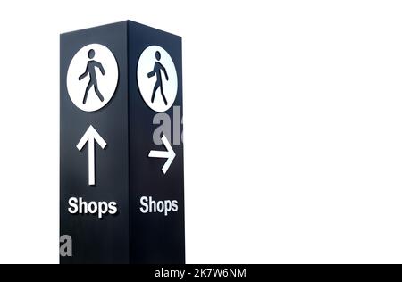 Grand panneau directionnel avec flèche et icône de personne pointant vers les magasins. Arrière-plan blanc isolé. Banque D'Images