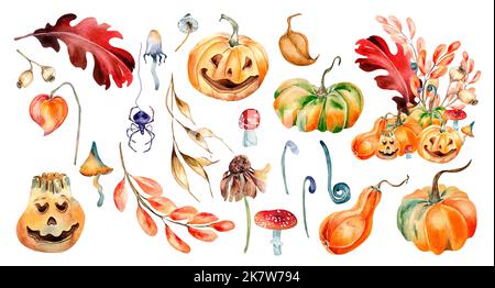 Clipart de Halloween plantes colorées aquarelle illustration isolée sur fond blanc. Mignon citrouilles, pickelet, tabouret et de plante d'automne main dessiner Banque D'Images