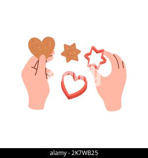 Pétrissage des mains de pâte. Femme prépare des biscuits faits maison. Vue de dessus. École de cuisine. Illustration vectorielle de style plat. Illustration de Vecteur