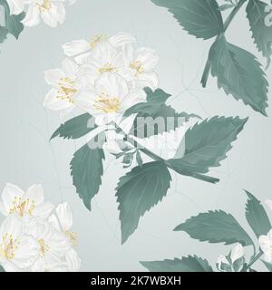 Texture sans couture brindille jasmin fleur de printemps et bourgeons fissures dans l'illustration de vecteur vintage de porcelaine Illustration de Vecteur