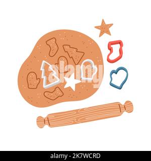 Pétrissage des mains de pâte. Femme prépare des biscuits faits maison. Vue de dessus. École de cuisine. Illustration vectorielle de style plat. Illustration de Vecteur