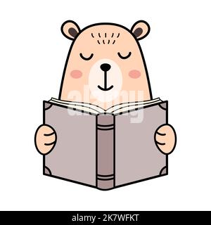 Un adorable ours lisant un livre. Animal de dessin animé scandinave de style nordique. Faune kawaii animal avec contour. Concept d'amateur de livres. Concept de livre de lecture. Illustration de Vecteur