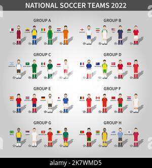 Tournoi de football de la coupe du monde de la fifa au Qatar 2022 . 32 équipes de groupe de stades et de personnage de dessin animé avec des drapeaux de maillot et de pays . Vecteur . Illustration de Vecteur