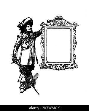 Dessin mousquetaire, à côté d'un cadre orné portant une cape, avec un chapeau de fantaisie, des bottes et une épée. Noir et blanc Banque D'Images