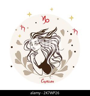 Fille avec une belle coiffure, dessin animé, Capricorne, signe zodiaque, décoration, la mode carte postale doodle Illustration de Vecteur