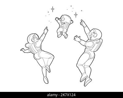 Livre de coloriage. Une famille heureuse d'astronautes, maman, papa, fils pointent les doigts sur les constellations tout en planant dans l'espace. Vecteur noir et blanc Illustration de Vecteur