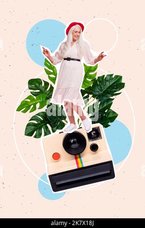 Vertical Creative collage image de positive de la femme à la retraite danse sentir jeunes feuilles tropicales modèle instantané photo rétro photo vintage appareil photo blog Banque D'Images