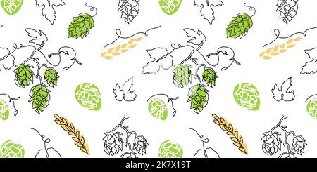 Motif vectoriel de cônes HOP. Un dessin au trait continu. Branche de houblon avec motif de spikelet d'orge pour la conception de bière ou de bière étiquette Illustration de Vecteur