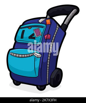 Un bagage bleu avec un geste souriant et un clin d'œil, prêt pour les aventures d'un nouveau voyage. Illustration de Vecteur