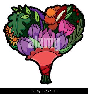 Bouquet de fleurs en forme de coeur, orné de tulipes, de roses, de pompons dahlias, de pâquerettes, baies, cala lili, feuilles et feuillage. Illustration de Vecteur