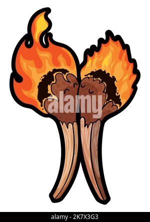 Couple tendre de allumettes en bois illuminées, dans une scène romantique s'embrassant. Illustration de Vecteur