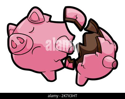 Triste et cassé Banque de piggy rose avec contenu vide à l'intérieur de lui. Illustration de Vecteur
