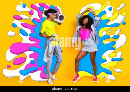 Dessin créatif collage photo de jeune homme femme couple amis danse rétro vintage mode boombox couleurs peinture éclaboussures Banque D'Images