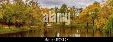 Magnifique paysage d'automne avec des arbres automnaux colorés luxuriants sur le rivage d'un lac ou d'un étang calme en forêt, le jour ensoleillé de l'automne. Peinture d'art numérique Banque D'Images