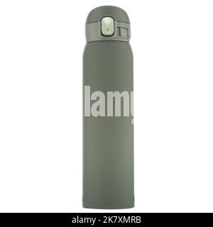 Bouteille de couleur verte sur fond blanc. Thermos isolat pour les boissons chaudes. Plats pour conserver les boissons chaudes. Vue avant. Banque D'Images