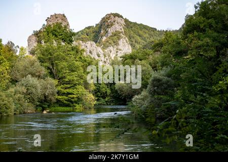 Belles falaises rocheuses et sommets de montagne, couvertes de forêt dense près de la ville d'omis, Croatie dans le canyon de la rivière Cetina Banque D'Images