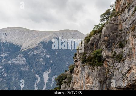 Vue magnifique sur les montagnes des Pyrénées espagnoles avec affleurements rocheux et pentes couvertes de forêt Banque D'Images