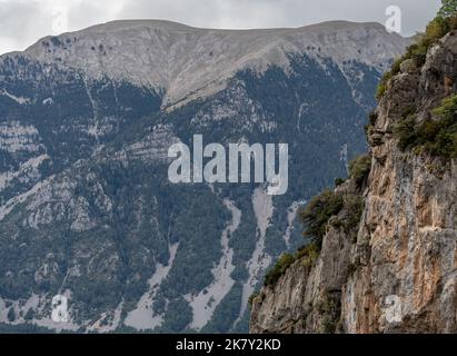 Vue magnifique sur les montagnes des Pyrénées espagnoles avec affleurements rocheux et pentes couvertes de forêt Banque D'Images