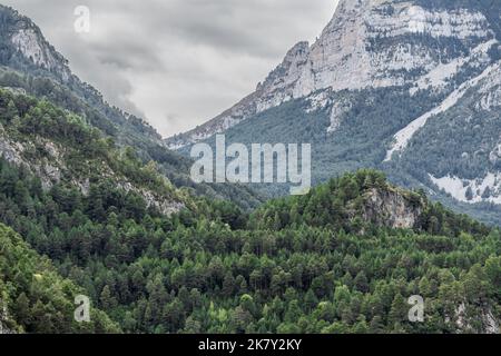 Vue magnifique sur les montagnes des Pyrénées espagnoles avec affleurements rocheux et pentes couvertes de forêt Banque D'Images