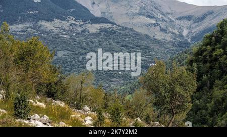 Vue magnifique sur les montagnes des Pyrénées espagnoles avec affleurements rocheux et pentes couvertes de forêt Banque D'Images