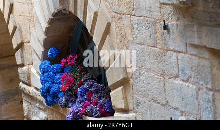 un affichage de fleurs colorées dans une fenêtre de magasin voûtée Banque D'Images