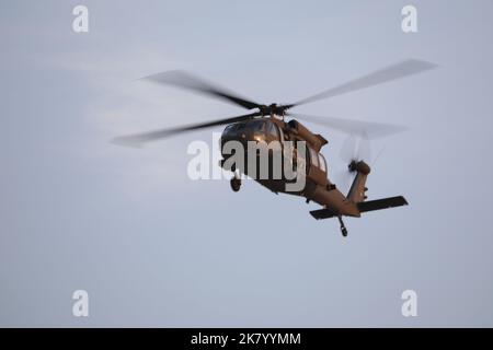 ÉTATS-UNIS L'hélicoptère militaire UH-60M Black Hawk effectue un survol de la zone d'atterrissage d'Udairi à Camp Buehring, Koweït, 17 octobre 2022. Le Black Hawk a été piloté par les pilotes de la Force opérationnelle Rough Rider du 3rd Bataillon, 142nd Aviation Regiment, Bataillon des hélicoptères d'assaut, attaché à la 36th Brigade de l'aviation de combat. Deux États-Unis ont survolé à côté du Black Hawk Les Apaches de l'armée AH-64E ont été volées par des pilotes de la Force opérationnelle No Mercy du Bataillon 1st, du Régiment d'aviation 101st, du Bataillon d'hélicoptères d'attaque, attaché au CAB 36th, et deux typhons Eurofighter F-2000 italiens, pilotés par des pilotes d'avions de chasse du Groupe de travail Typhoon, I Banque D'Images