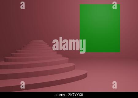 escalier et touche verte de chroma à l'arrière-plan, rendu de l'affiche de cinéma 3d. Banque D'Images