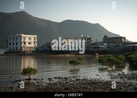 Maisons à pilotis ('pang uk') et mangroves à marée basse en plein soleil en fin d'après-midi, Tai O, île de Lantau, Hong Kong Banque D'Images