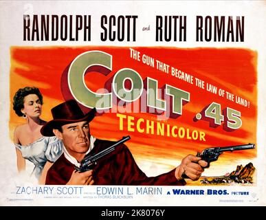 Ruth Roman & Randolph Scott film : Colt .45 (1950) personnages : Beth Donovan, Steve Farrell Directeur : Edwin L. Marin 27 mai 1950 **AVERTISSEMENT** cette photographie est à usage éditorial exclusif et est le copyright de WARNER BROS et/ou le photographe assigné par la Société du film ou de la production et ne peut être reproduite que par des publications dans le cadre de la promotion du film ci-dessus. Un crédit obligatoire pour WARNER BROS est requis. Le photographe doit également être crédité lorsqu'il est connu. Aucune utilisation commerciale ne peut être accordée sans l'autorisation écrite de la Société du film. Banque D'Images