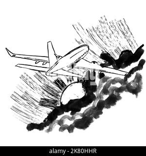 Illustration dessinée à la main d'avion avion avion avion avion avion dans ciel nuages soleil. Transport aérien, design minimaliste noir sur fond blanc, imprimé à l'encre, dessin graphique Banque D'Images