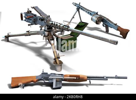 Mitrailleuses de la Seconde Guerre mondiale : le calibre M2 Browning 50, le calibre allemand MG42, et la barre Browning. Banque D'Images