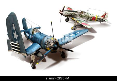 Comparaison de deux avions de chasse, American F4U Corsair et un Ki-61 Hien japonais. Banque D'Images