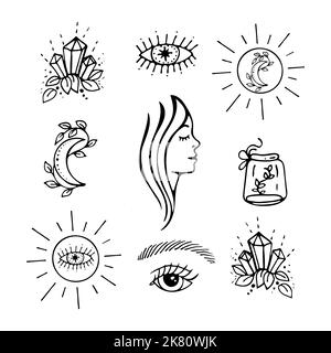 Ensemble de symboles ésotériques dessinés à la main. Le vecteur griffpe les yeux, la lune, le soleil, le profil des femmes, les cristaux Illustration de Vecteur