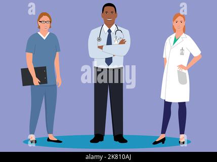 Les professionnels de la santé se tiennent sur un fond violet Illustration de Vecteur