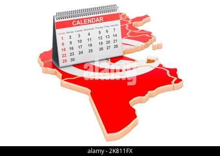 Calendrier du bureau sur la carte de la Tunisie. 3D rendu isolé sur fond blanc Banque D'Images